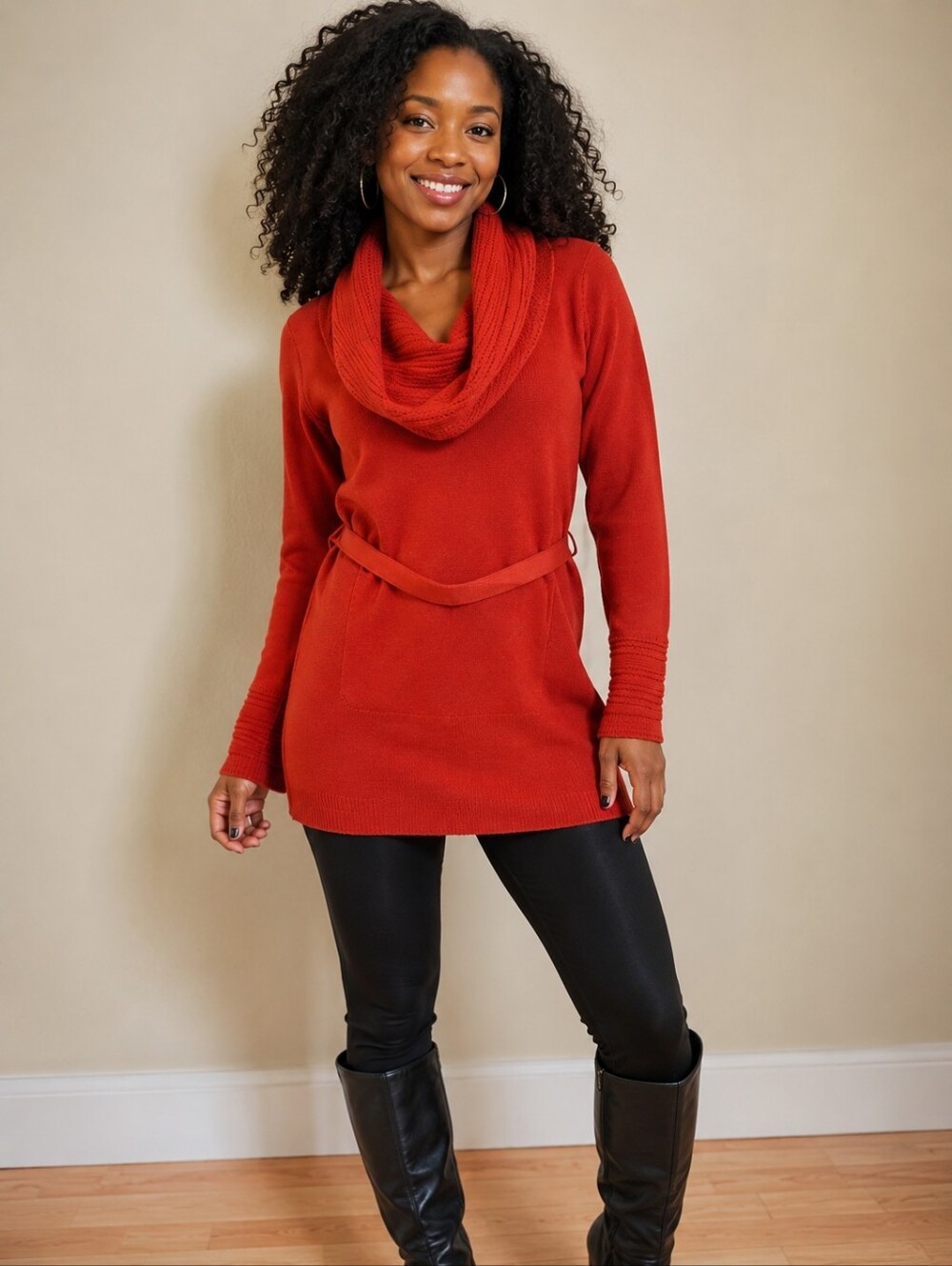 ❤ CACHE Y2K VINTAGE WOOL BLEND COWL NECK BELTED SWEATER, RED, LARGE
